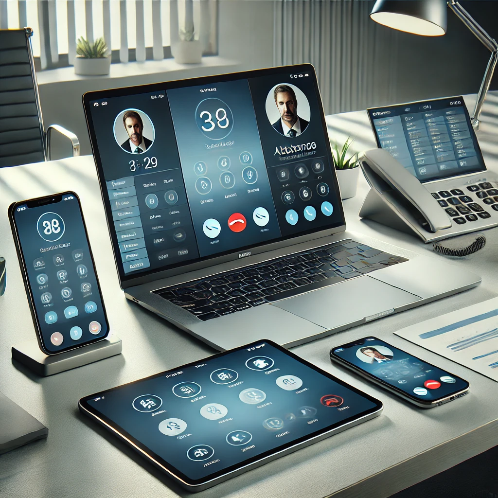 Modern office desk showcasing a laptop, tablet, and smartphone displaying an Integrated Softphone software interface with call, message, and contact management features.