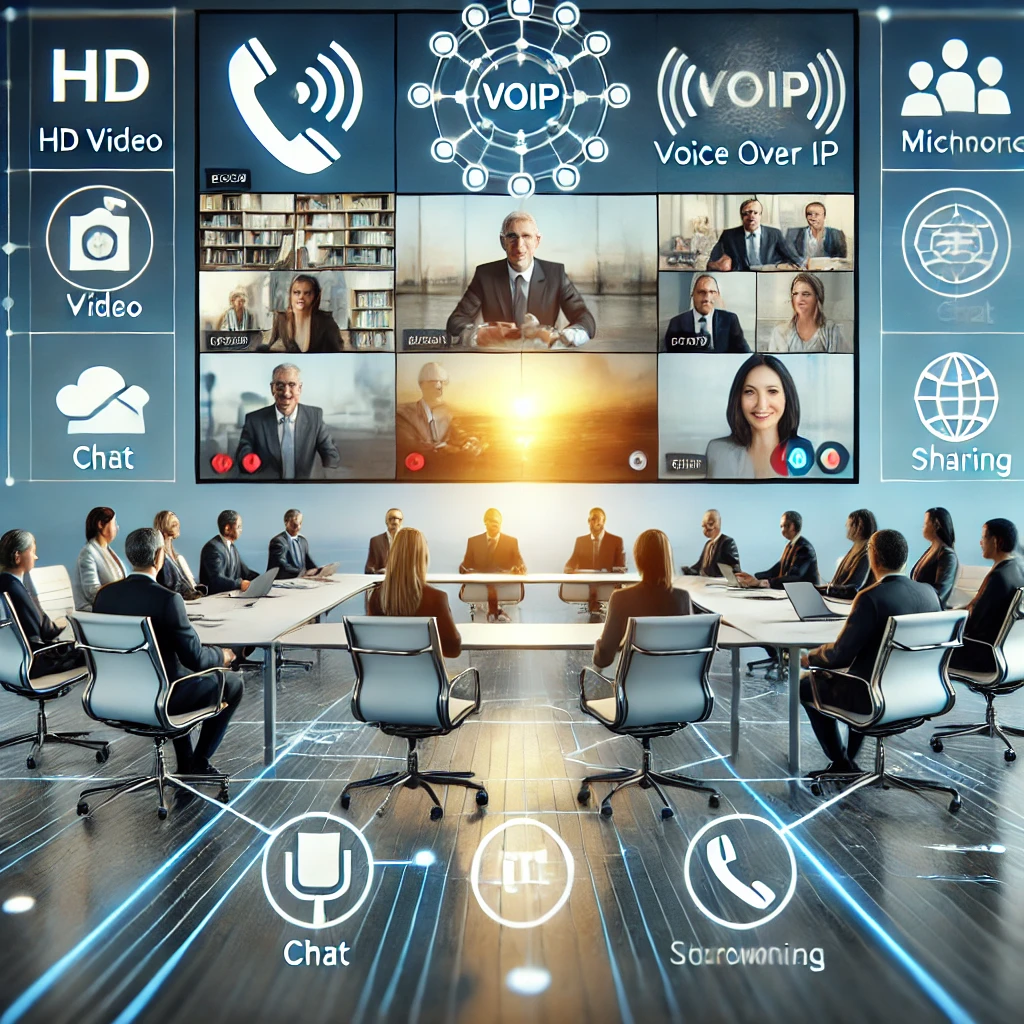 Modern video conferencing interface with multiple participants, VoIP phone icons, and network connection symbols.