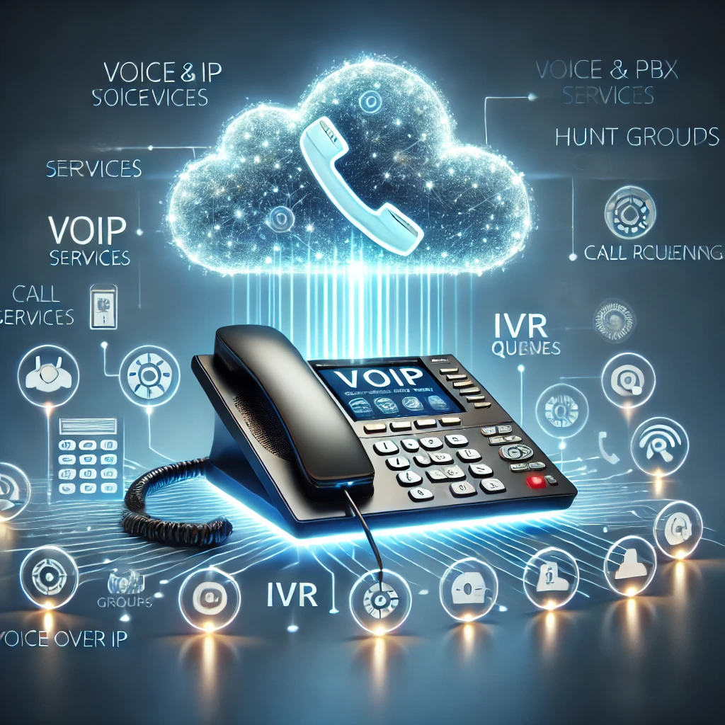 Illustration of Voice & PBX Services featuring a VoIP desk phone connected to a cloud server, with icons representing telephony features like hunt groups, IVRs, call queues, and call recording.
